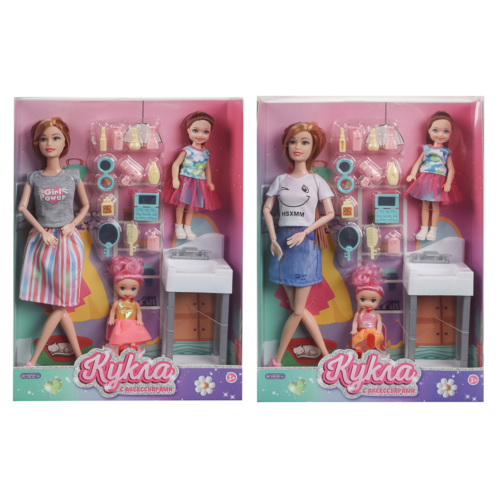 ИГРОЛЕНД Кукла шарнирная 28 см с дочками и акс., PVC, ABS, полиэстер, 23х6х32 см, арт.№ 436-179