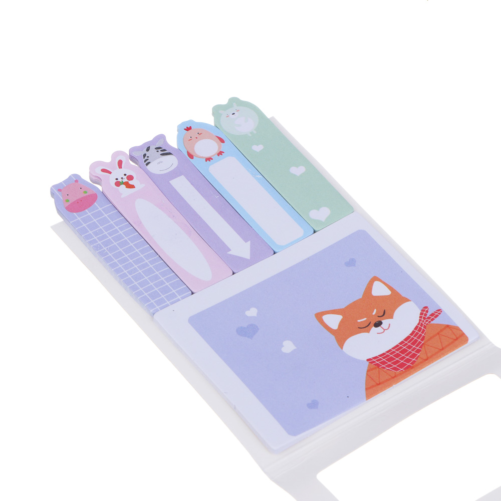 Набор с клеевым краем с цв.печатью: блок д/зап. 15л., закладки 5х15л., "Зверята", уп. 12х8см, 4 диз., арт.№ 533-004