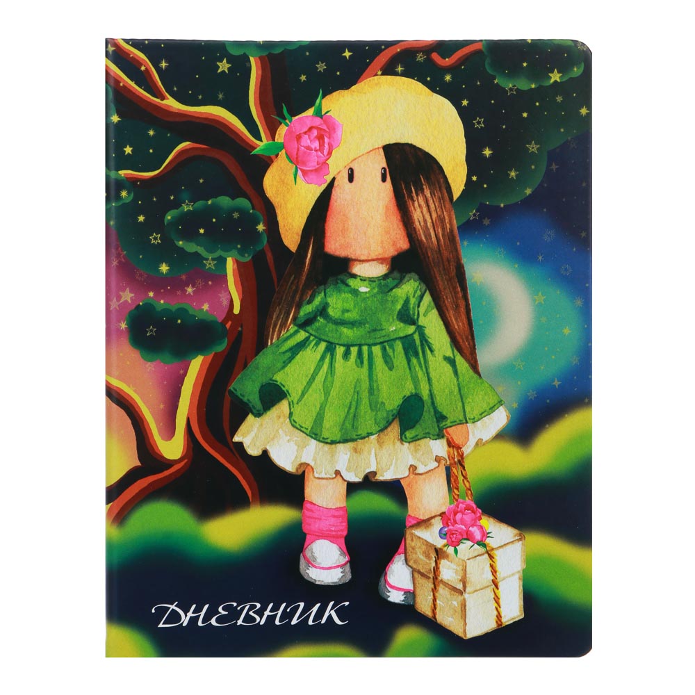 Дневник школьный 48 листов формат А5+ "Девочка с подарком", 20,8х16,5 см, твердая обложка, искусственная кожа с цветной печатью, закладка, арт.№ 564-042