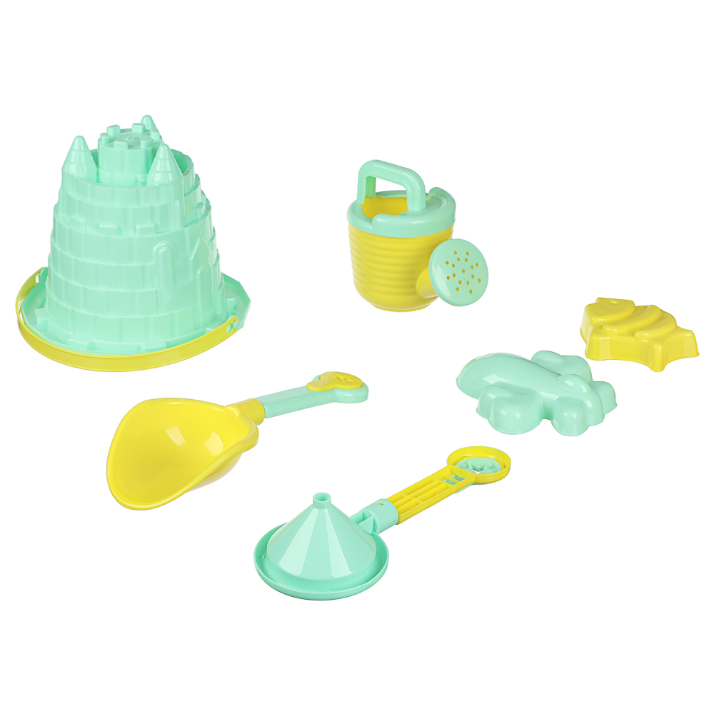 ИГРОЛЕНД Набор для игры в песке 6-8 предметов: ведро, лейка, грабли, формочки, пластик, 4 дизайна, для детей 3+, арт.№ 430-134