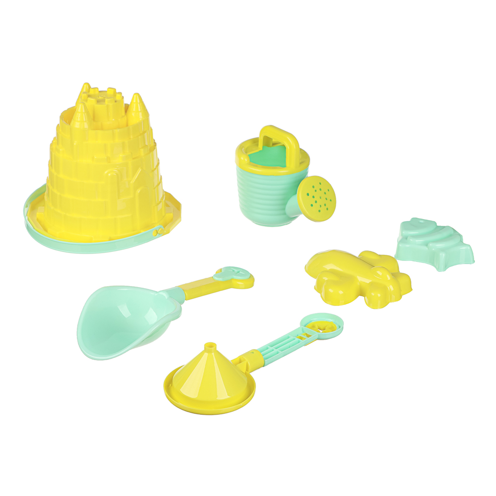 ИГРОЛЕНД Набор для игры в песке 6-8 предметов: ведро, лейка, грабли, формочки, пластик, 4 дизайна, для детей 3+, арт.№ 430-134