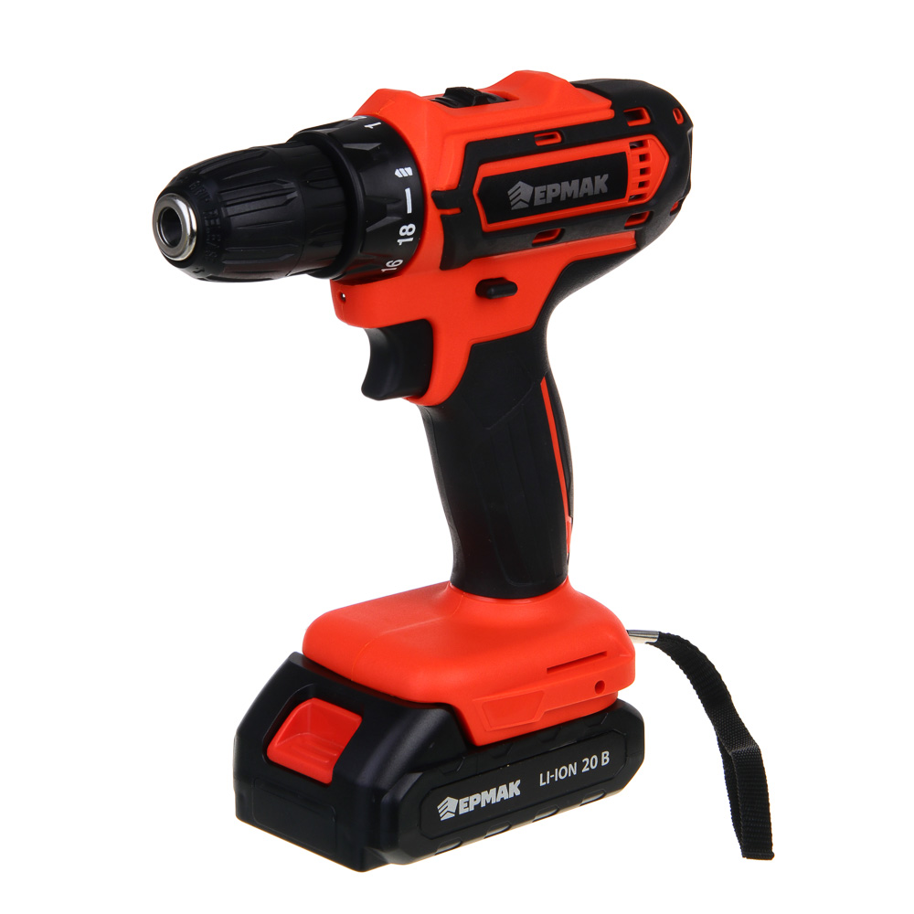 ЕРМАК Дрель-шуруповерт на АКБ 20В, 2,0А Li-ion (1шт), з/у, 0-550 об/мин, 30 H*m,подсветка (ONE), арт.№ 691-045