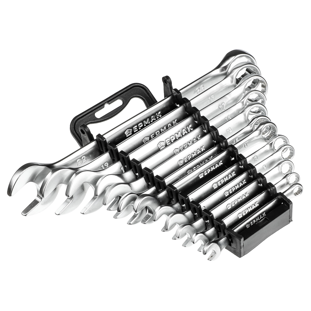 ЕРМАК Набор ключей рожково-накидных, 12 предм., 6-22мм, матовые CRV, пластик холдер, арт.№ 736-050