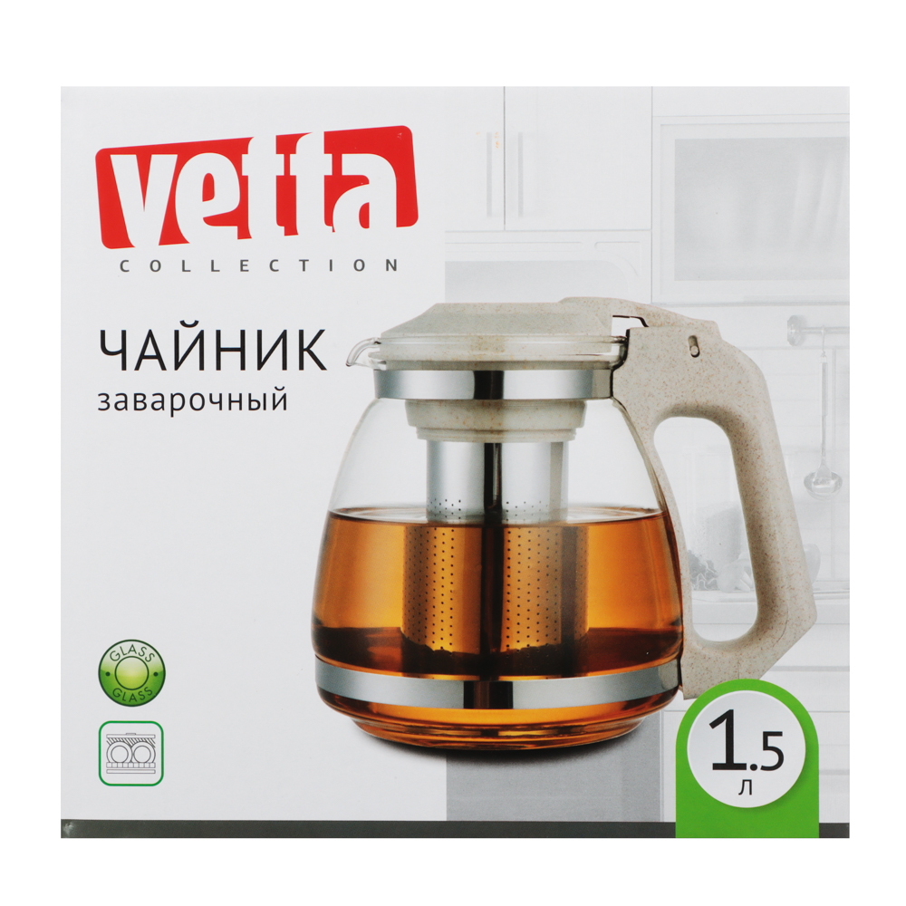 VETTA Чайник заварочный "ЭКО", 1500мл, ситечко из нержавеющей стали, стекло, полипропилен, арт.№ 850-197