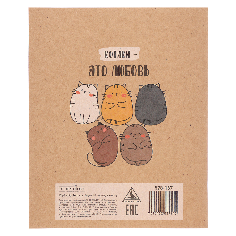 Тетрадь 48 л. в клетку ClipStudio, офсет, обл. мел.картон, скрепка, крафт, 4 дизайна, арт.№ 578-167
