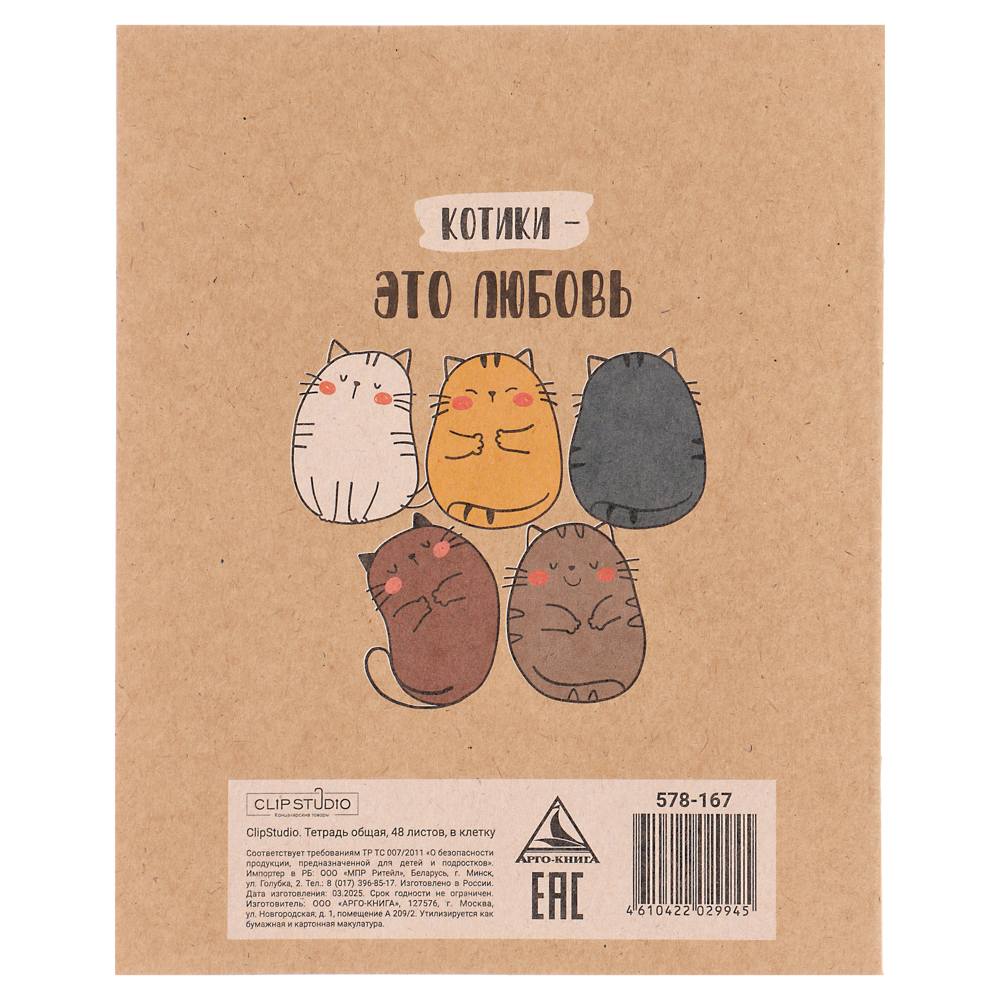 Тетрадь 48 л. в клетку ClipStudio, офсет, обл. мел.картон, скрепка, крафт, 4 дизайна, арт.№ 578-167