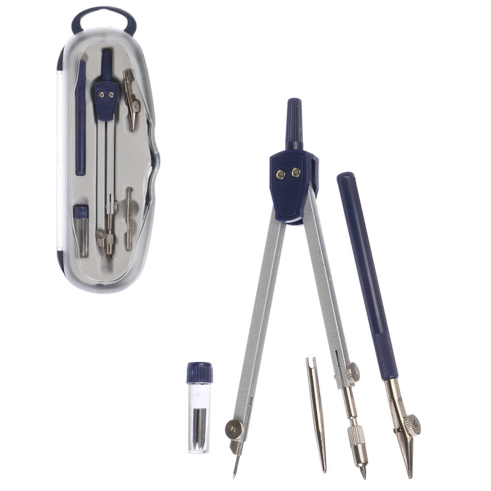 Набор чертежный 5 предметов (циркуль 11,5см, грифели, рейсфедер, центр, ручка) в пластиковом футляре, арт.№ 629-002