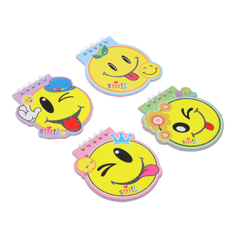 Записная книжка фигурная 9,5х8,5см, 40 листов, в форме смайлика, спираль, 4 дизайна, арт.№ 557-062