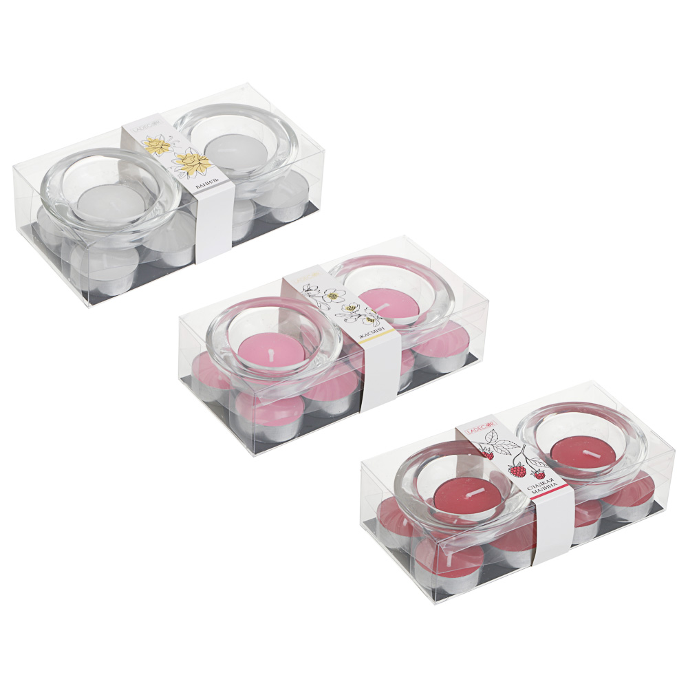 LADECOR Набор ароматических свечей с подсвечниками, (10+2), стекло, парафин, 4 аромата, арт.№ 508-818