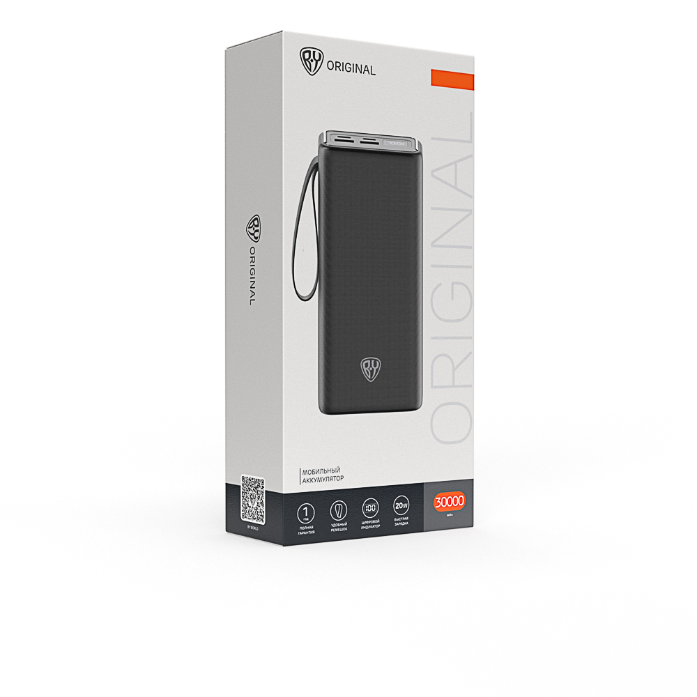 Аккумулятор мобильный BY 30000мАч, 2xUSB-A, 2xUSB-C, 20W, 3A, цифровой индикатор, пластик, чёрный, арт.№ 031-162
