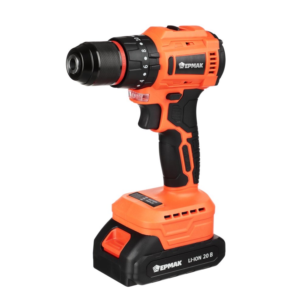 ЕРМАК Дрель-шуруповерт на АКБ, Бесщет., удар, 20В-2,0А Li-ion (1шт), з/у, мет.патр,45H*m, (ONE), арт.№ 691-050