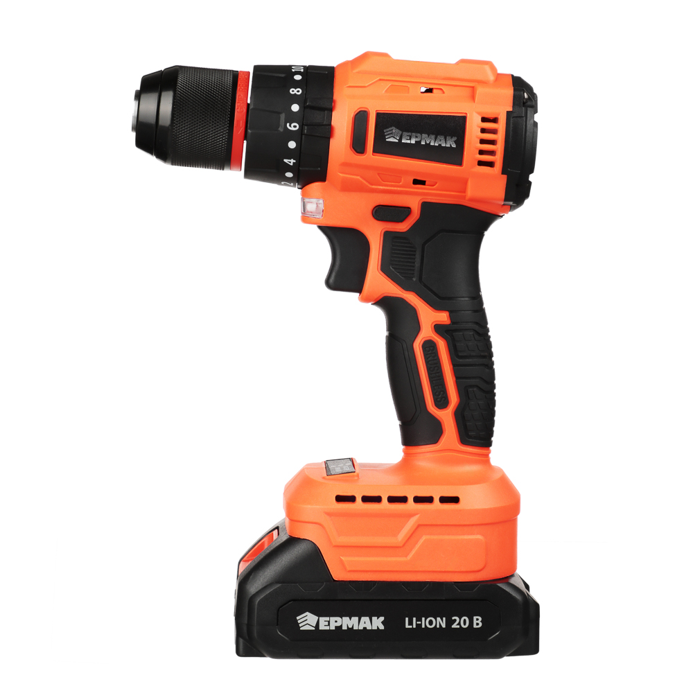 ЕРМАК Дрель-шуруповерт на АКБ, Бесщет., удар, 20В-2,0А Li-ion (1шт), з/у, мет.патр,45H*m, (ONE), арт.№ 691-050