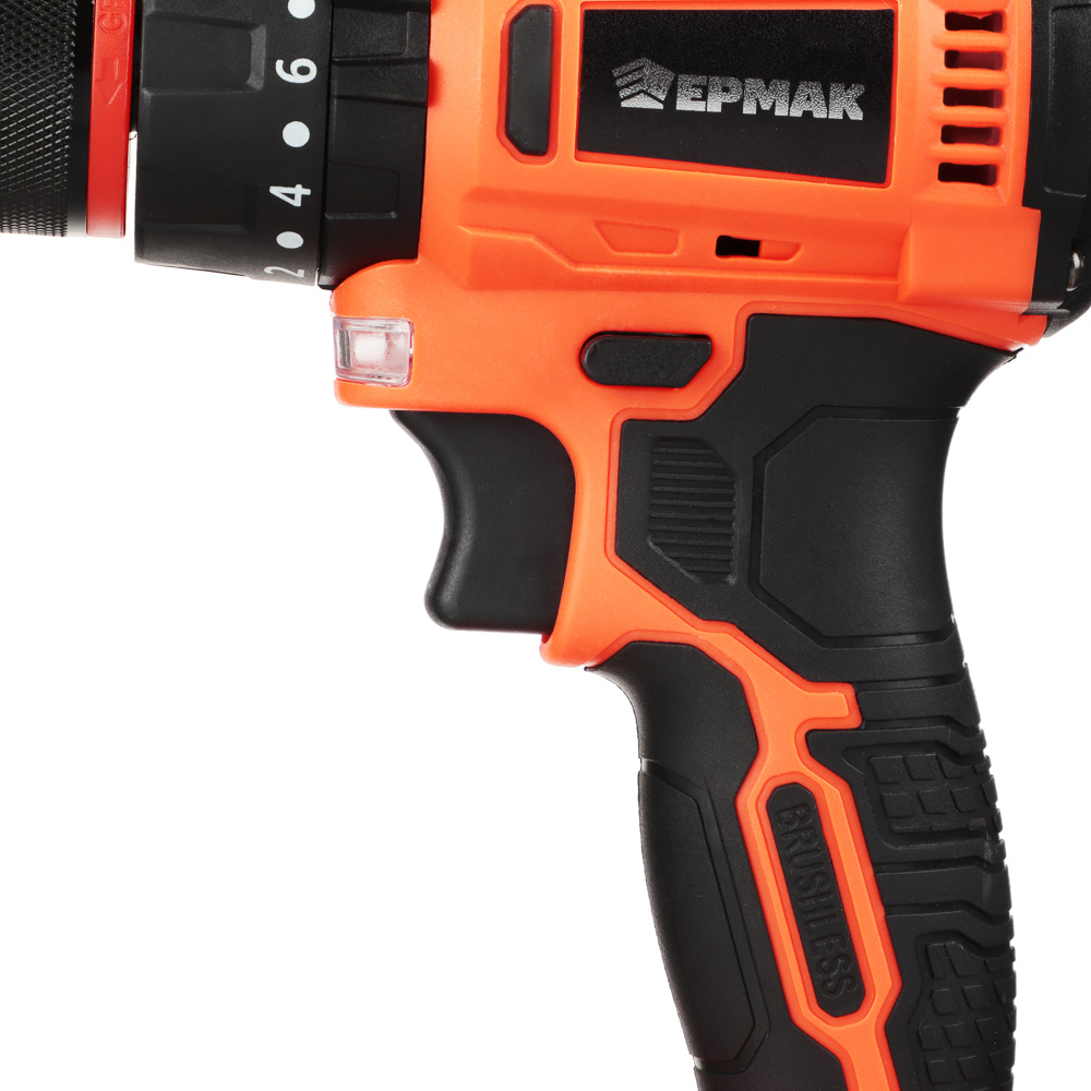 ЕРМАК Дрель-шуруповерт на АКБ, Бесщет., удар, 20В-2,0А Li-ion (1шт), з/у, мет.патр,45H*m, (ONE), арт.№ 691-050