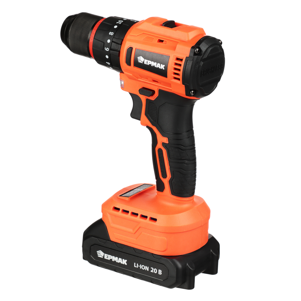 ЕРМАК Дрель-шуруповерт на АКБ, Бесщет., удар, 20В-2,0А Li-ion (1шт), з/у, мет.патр,45H*m, (ONE), арт.№ 691-050