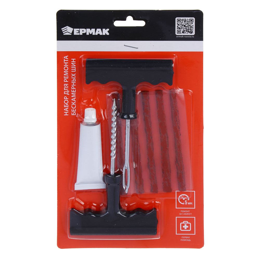 ЕРМАК Набор для ремонта бескамерных шин №2: клей, 5 жгутов, T-инструмент, арт.№ 777-004