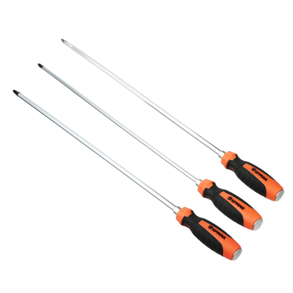 ЕРМАК Набор из 3х удлиненных отверток со стальным затыльником: sl8x450мм, PH2x450мм, PH3x450мм, арт.№ 651-238