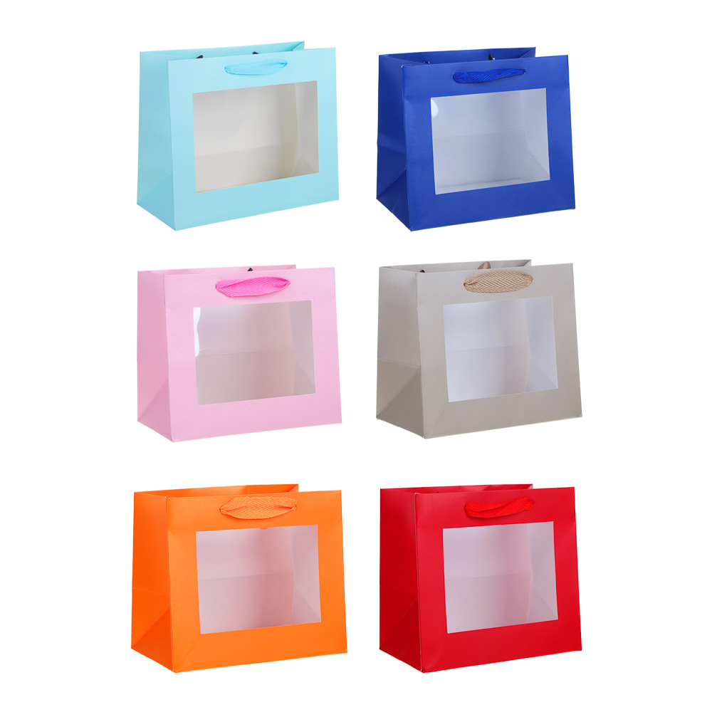 Пакет подарочный тм LADECOR, вскч бум., с ПВХ окном, М 24x20x11 см, 6цветов, арт.№ 507-188