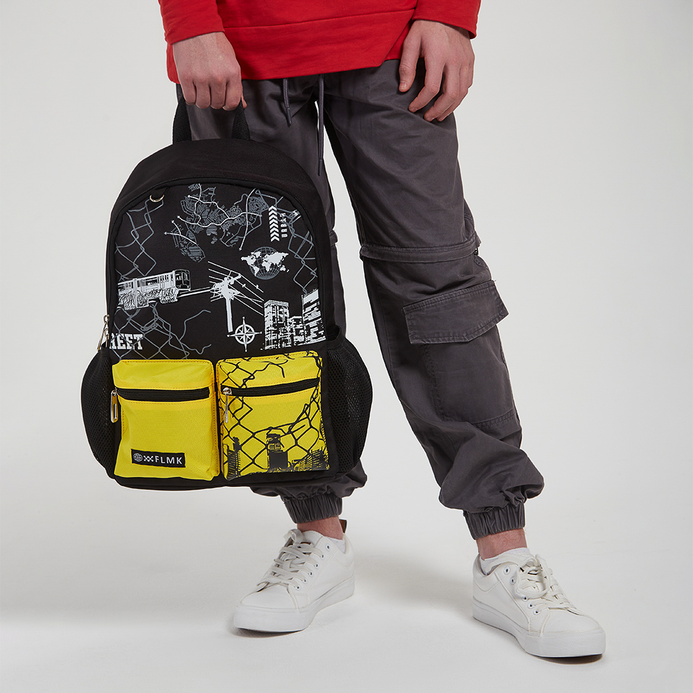 Рюкзак подростковый 40х30х15см, 1 отд., 5 карманов (1 на спинке), нашивка, ПЭ, "Город", арт.№ 555-024