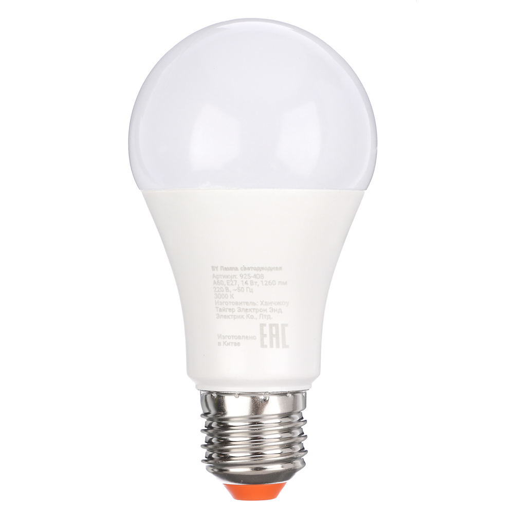 Лампа светодиодная BY A60 14 Вт, E27, 1260 Лм, 3000 K, 175-265 В, Ra>80, IRF <5%,IC, 2 года гар., арт.№ 925-408