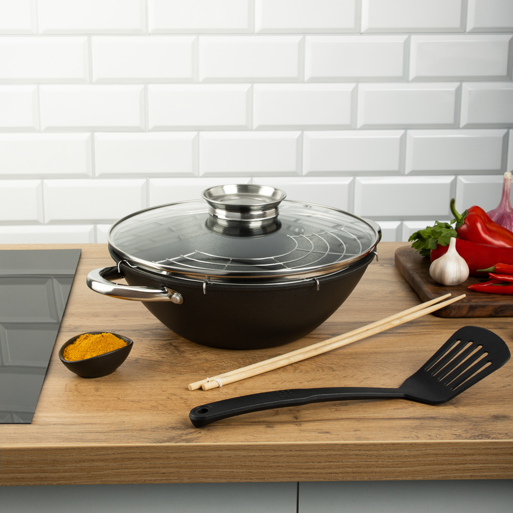 SATOSHI Казан чугун,28см,3,6л,антипр.покр,решетка,стекл.крыш,нейлон.лопатка,бамб.палочки,индукция, арт.№ 808-030