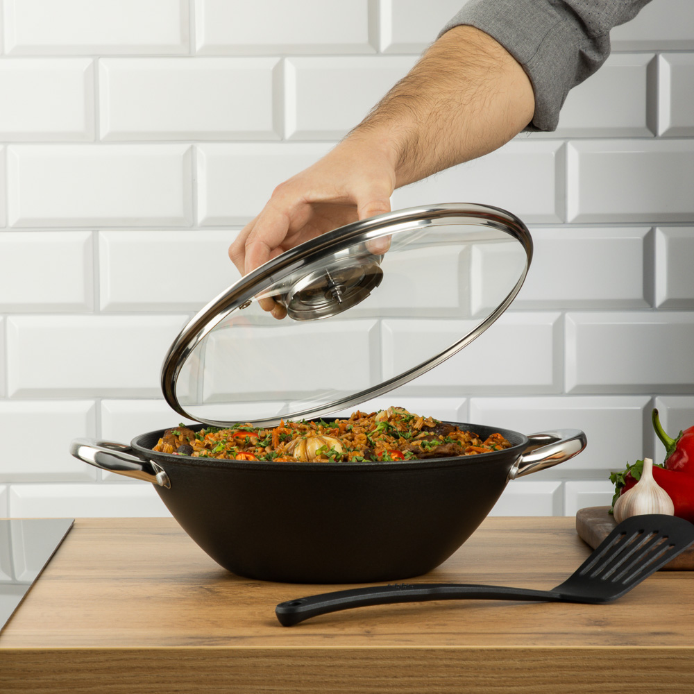 SATOSHI Казан чугун,28см,3,6л,антипр.покр,решетка,стекл.крыш,нейлон.лопатка,бамб.палочки,индукция, арт.№ 808-030