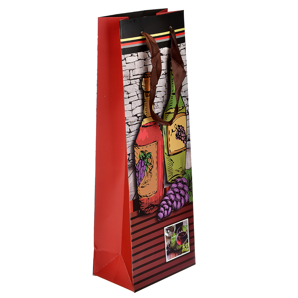 Пакет подарочный, высококачественная бумага, 12,8х36х8,4 см, 8 дизайнов с вином, арт.№ 507-978