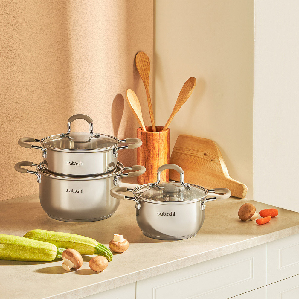 SATOSHI Альбер Набор кастрюль 6 пр.: 1,8л, 2,5л, 3,5л, бежевые силиконовые ручки, со стекл. крышкой, арт.№ 822-206