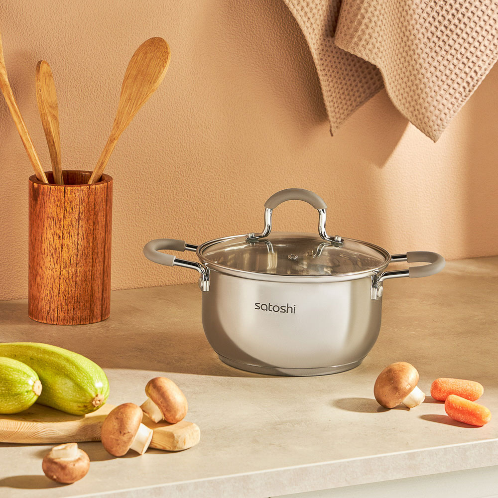 SATOSHI Альбер Набор кастрюль 6 пр.: 1,8л, 2,5л, 3,5л, бежевые силиконовые ручки, со стекл. крышкой, арт.№ 822-206