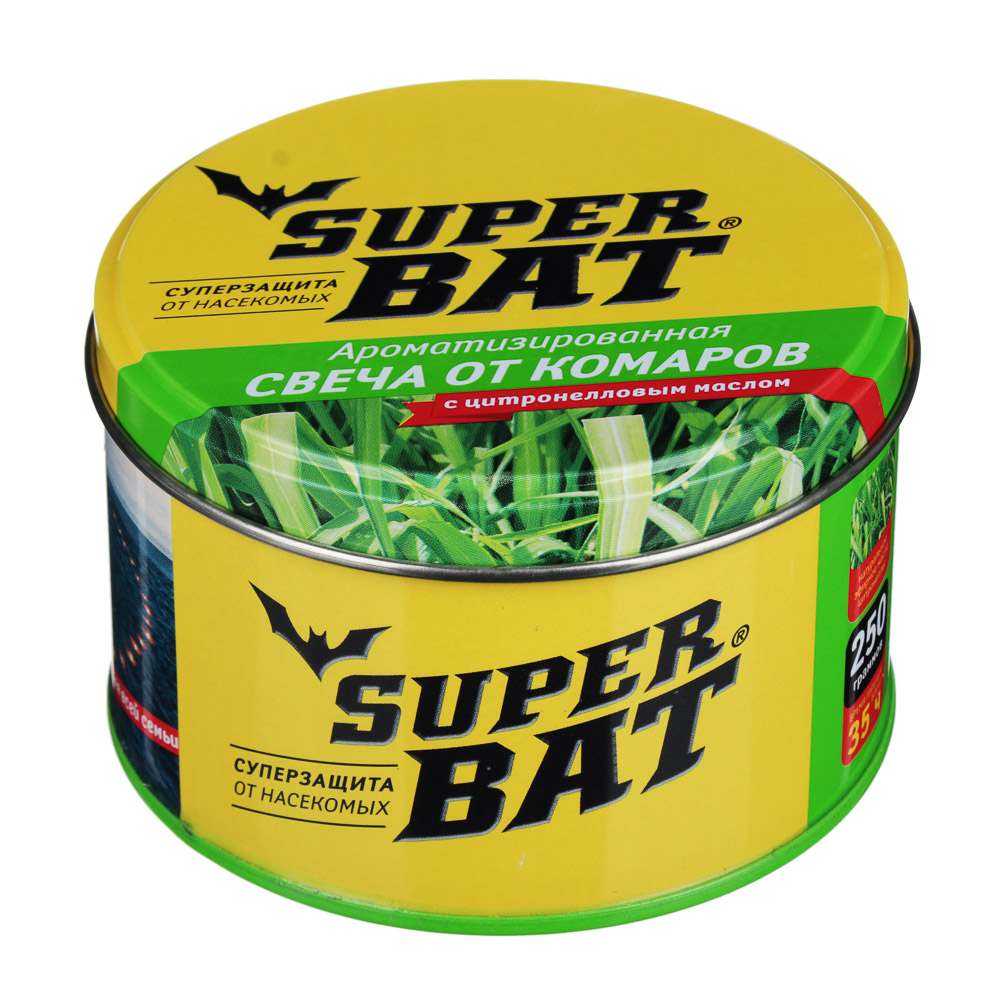 Свеча ароматизированная от комаров, на масле цитронеллы, SuperBAT, банка 250г, арт.№ 919-002