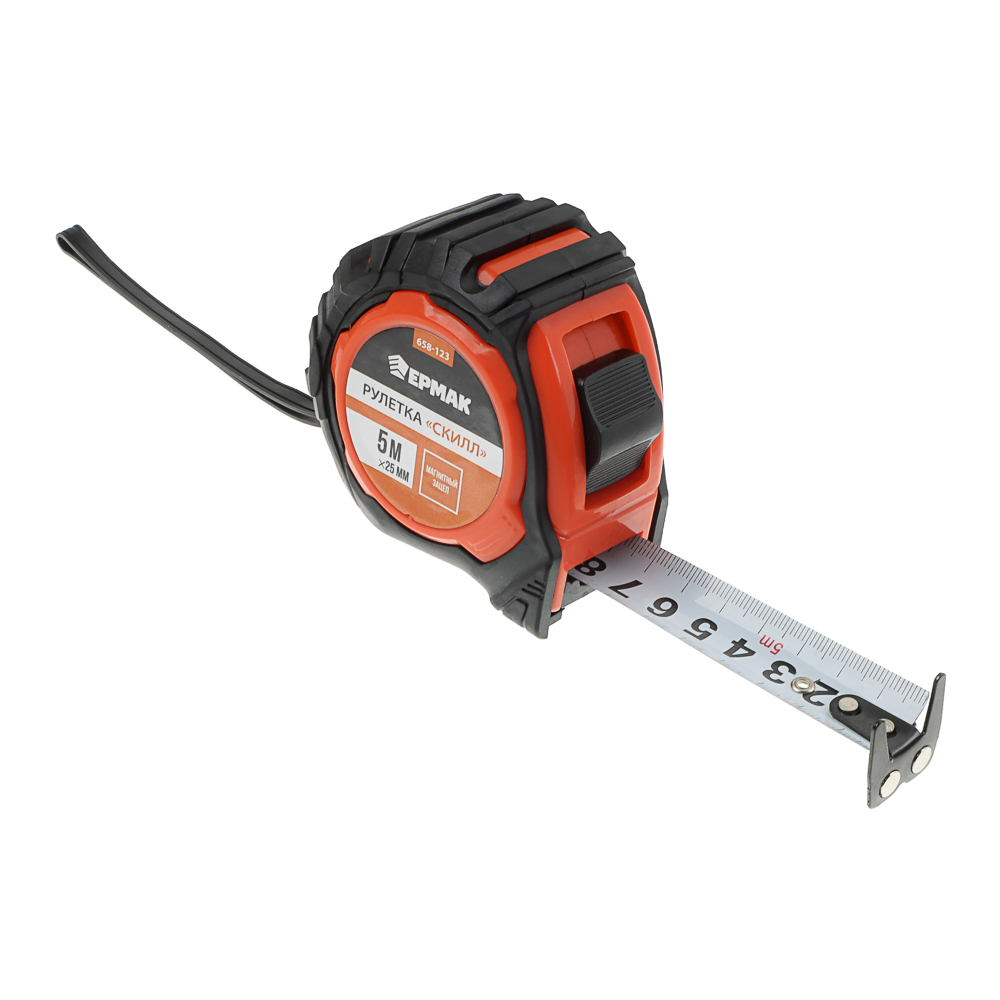 ЕРМАК Рулетка "СКИЛЛ", 5м х 25мм, 2х-сторонний зацеп + магнит, корпус ABS+TPR, арт.№ 658-123