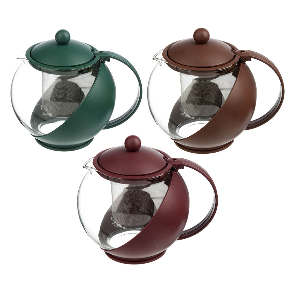 Чайник заварочный 1250мл, ситечко из нержавеющей стали, стекло, пластик, 3 цвета, арт.№ 850-748
