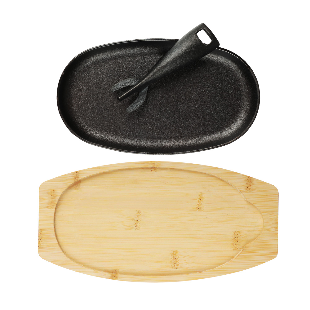 SATOSHI Сковорода на подставке из бамбука чугун, овальная, со съемной ручкой, 24х13.5см, индукция, арт.№ 808-042