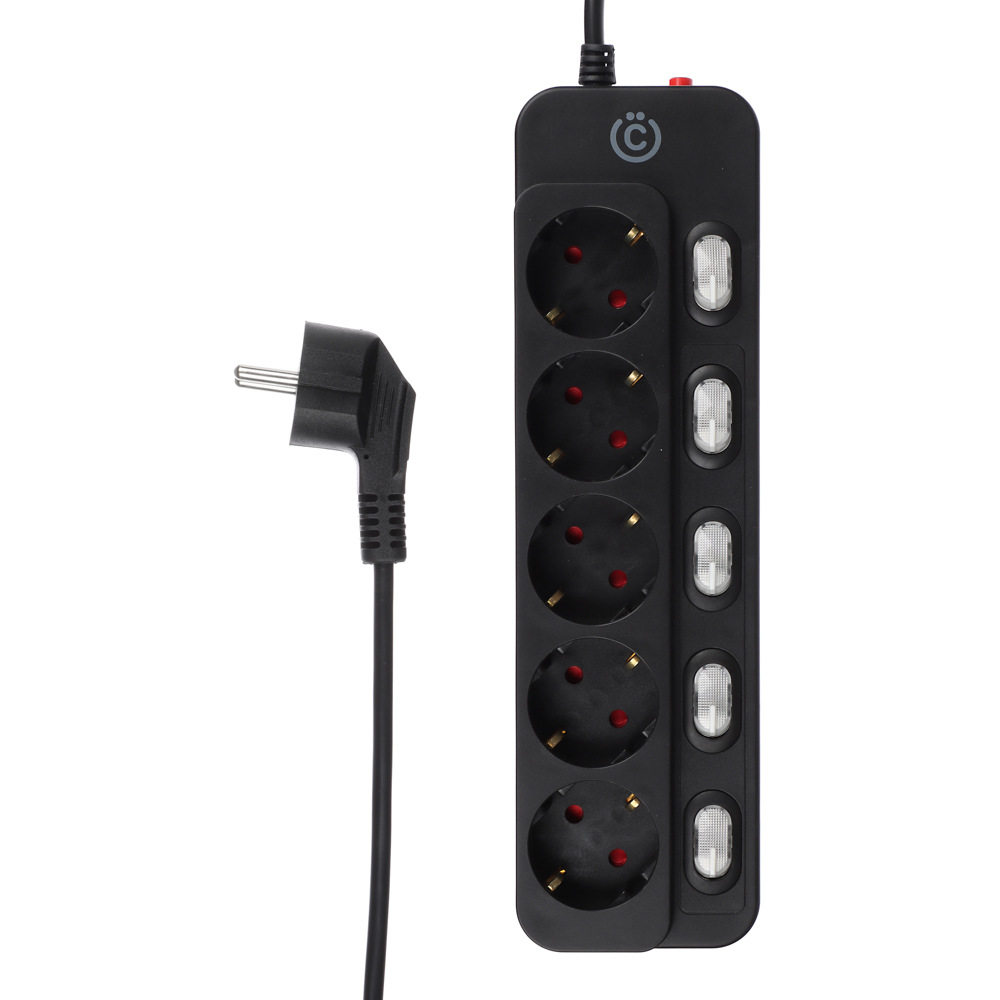 ВСЁГАЗИН Удлинитель сетевой фильтр 5 розеток, 2м, 0,75кв.мм,10А, 2500Вт с отд. выключателями, чёрный, арт.№ 907-301