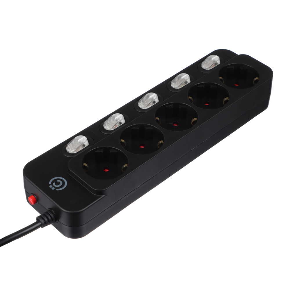 ВСЁГАЗИН Удлинитель сетевой фильтр 5 розеток, 2м, 0,75кв.мм,10А, 2500Вт с отд. выключателями, чёрный, арт.№ 907-301