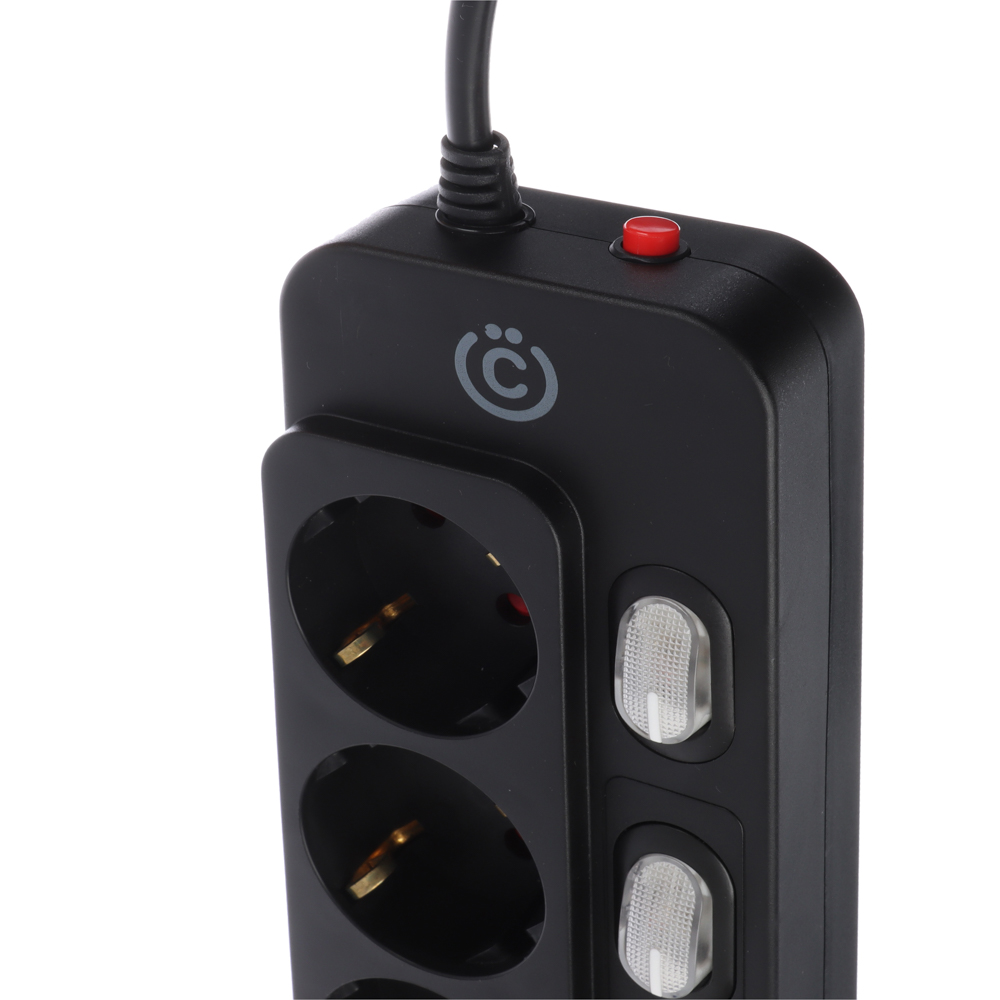 ВСЁГАЗИН Удлинитель сетевой фильтр 5 розеток, 2м, 0,75кв.мм,10А, 2500Вт с отд. выключателями, чёрный, арт.№ 907-301