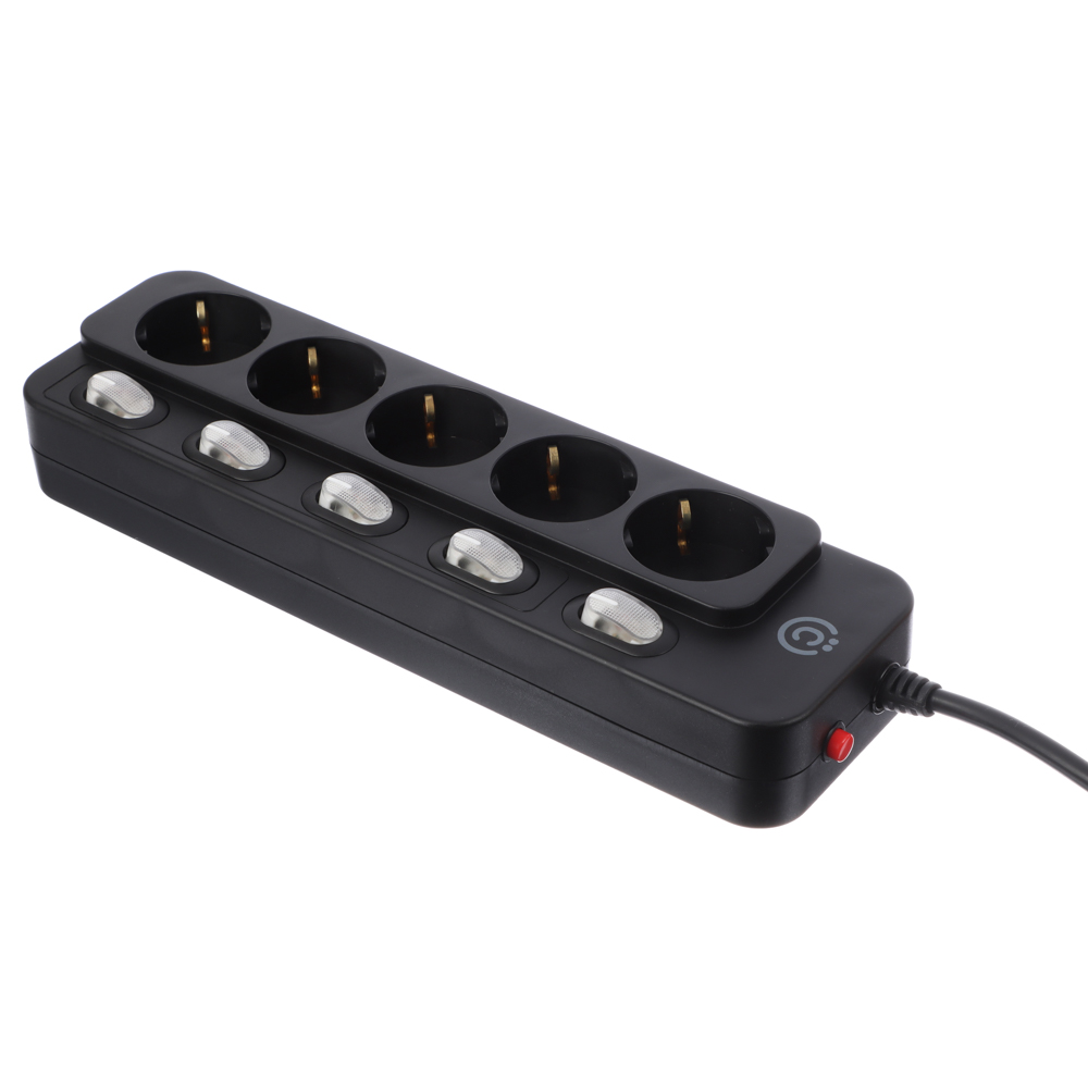 ВСЁГАЗИН Удлинитель сетевой фильтр 5 розеток, 2м, 0,75кв.мм,10А, 2500Вт с отд. выключателями, чёрный, арт.№ 907-301