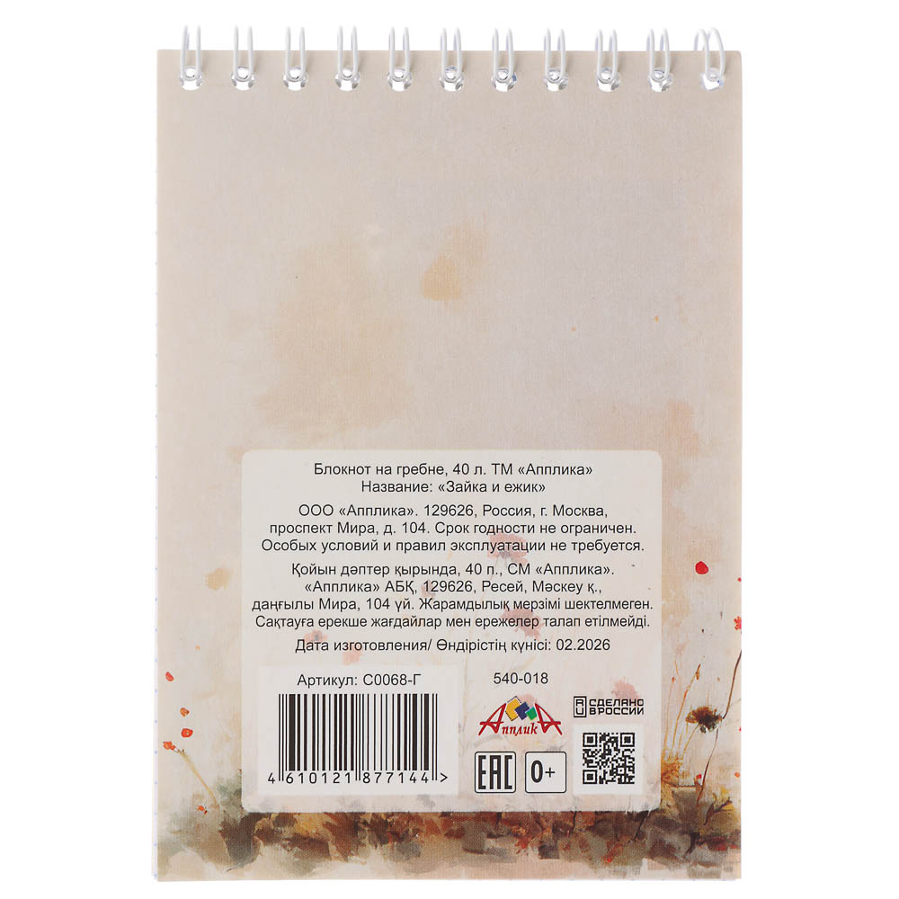 Блокнот А6, 40л., офсет, обложка картон, спираль, в клетку, 9 диз., арт.№ 540-018
