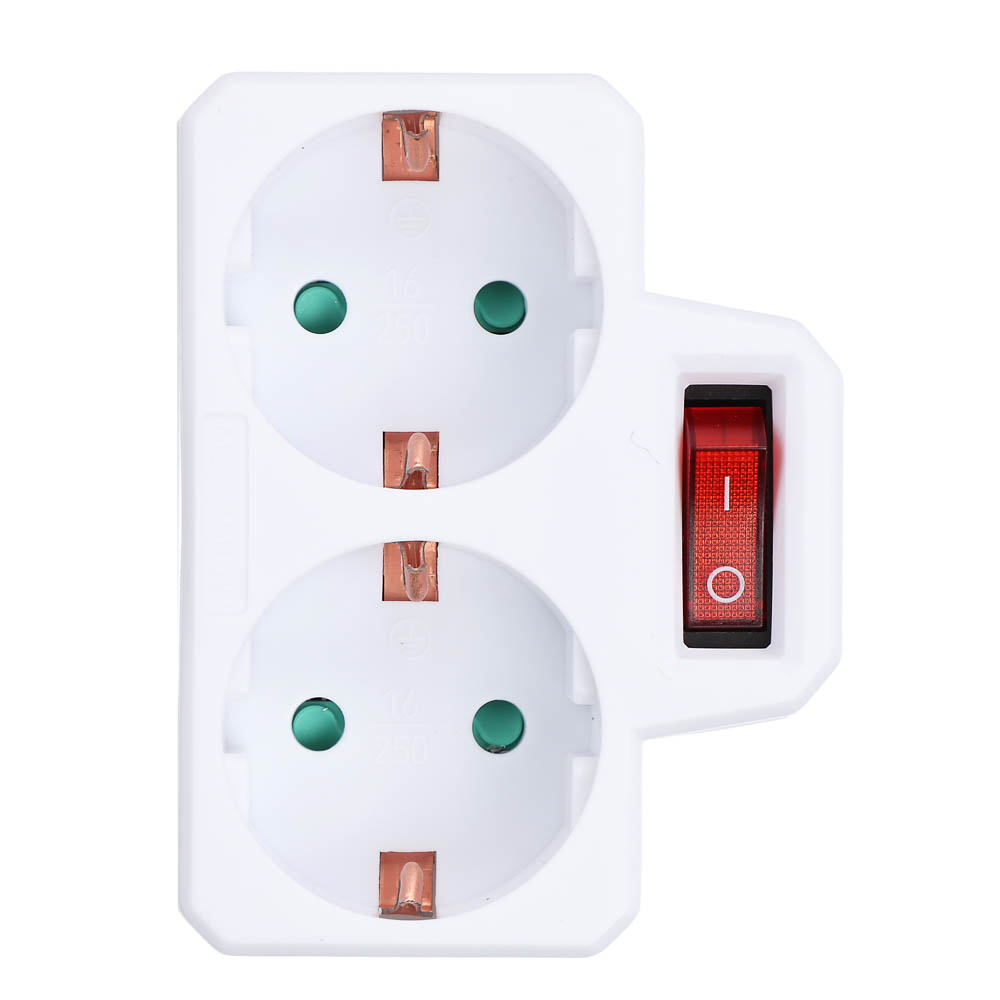 Разветвитель 2 гнезда BY, евро, с заземлением, 16А, 3500Вт, с выключателем, белый, арт.№ 907-148