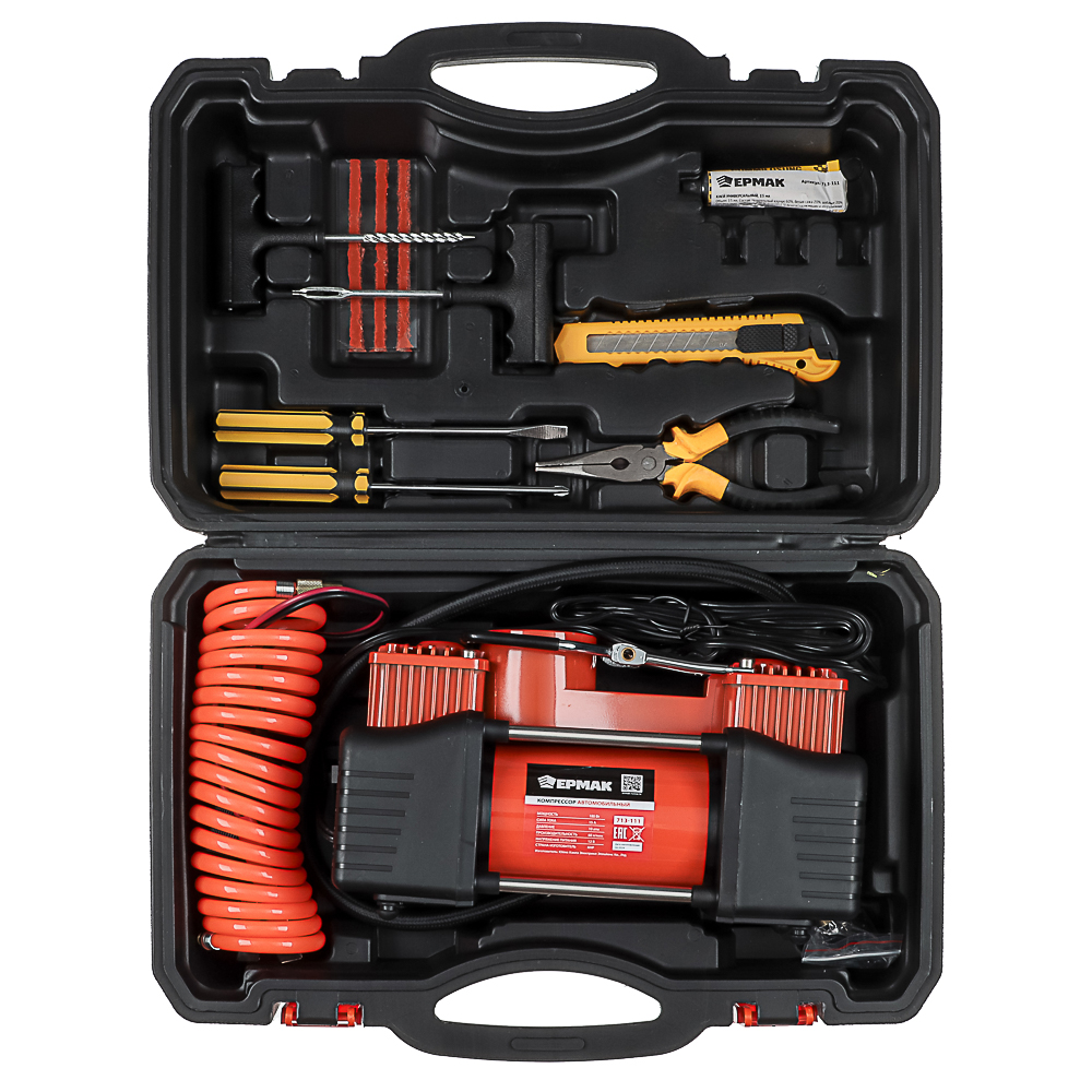 ЕРМАК Набор 12 предметов с 2-х поршневым компрессором 12В, 60л/мин, 180Вт, арт.№ 713-111