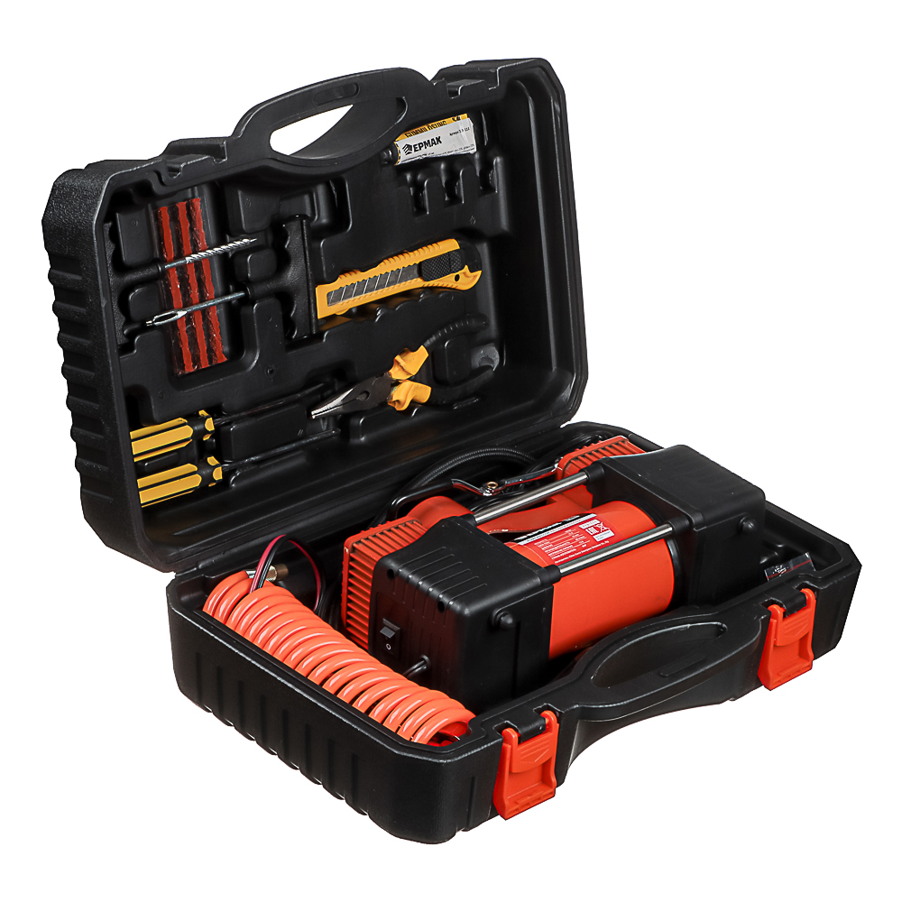 ЕРМАК Набор 12 предметов с 2-х поршневым компрессором 12В, 60л/мин, 180Вт, арт.№ 713-111