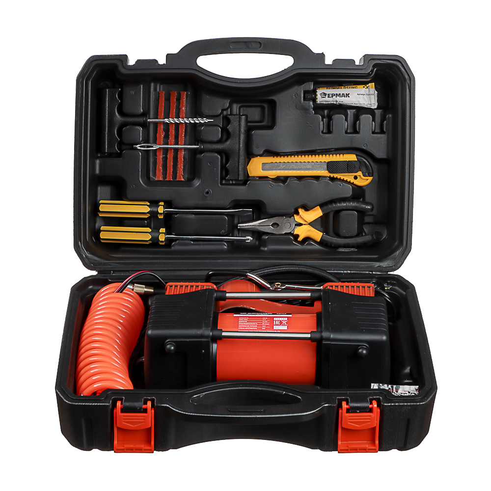 ЕРМАК Набор 12 предметов с 2-х поршневым компрессором 12В, 60л/мин, 180Вт, арт.№ 713-111
