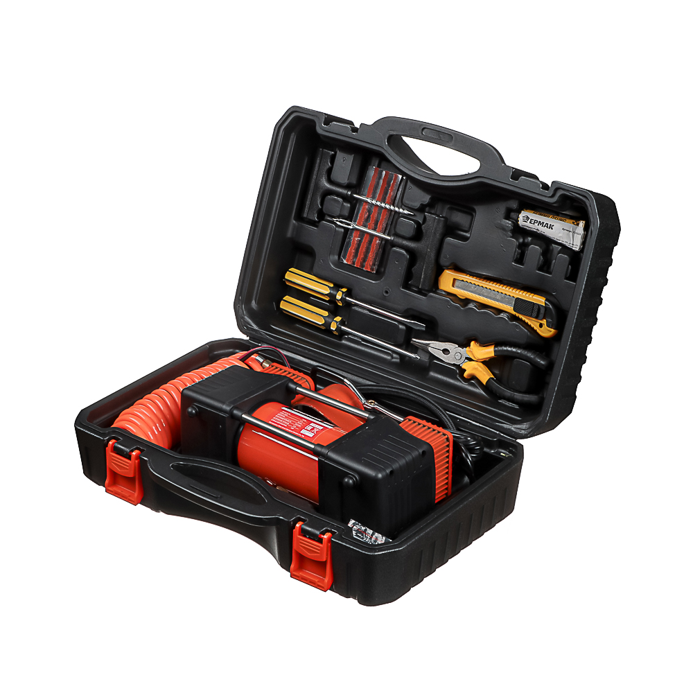 ЕРМАК Набор 12 предметов с 2-х поршневым компрессором 12В, 60л/мин, 180Вт, арт.№ 713-111