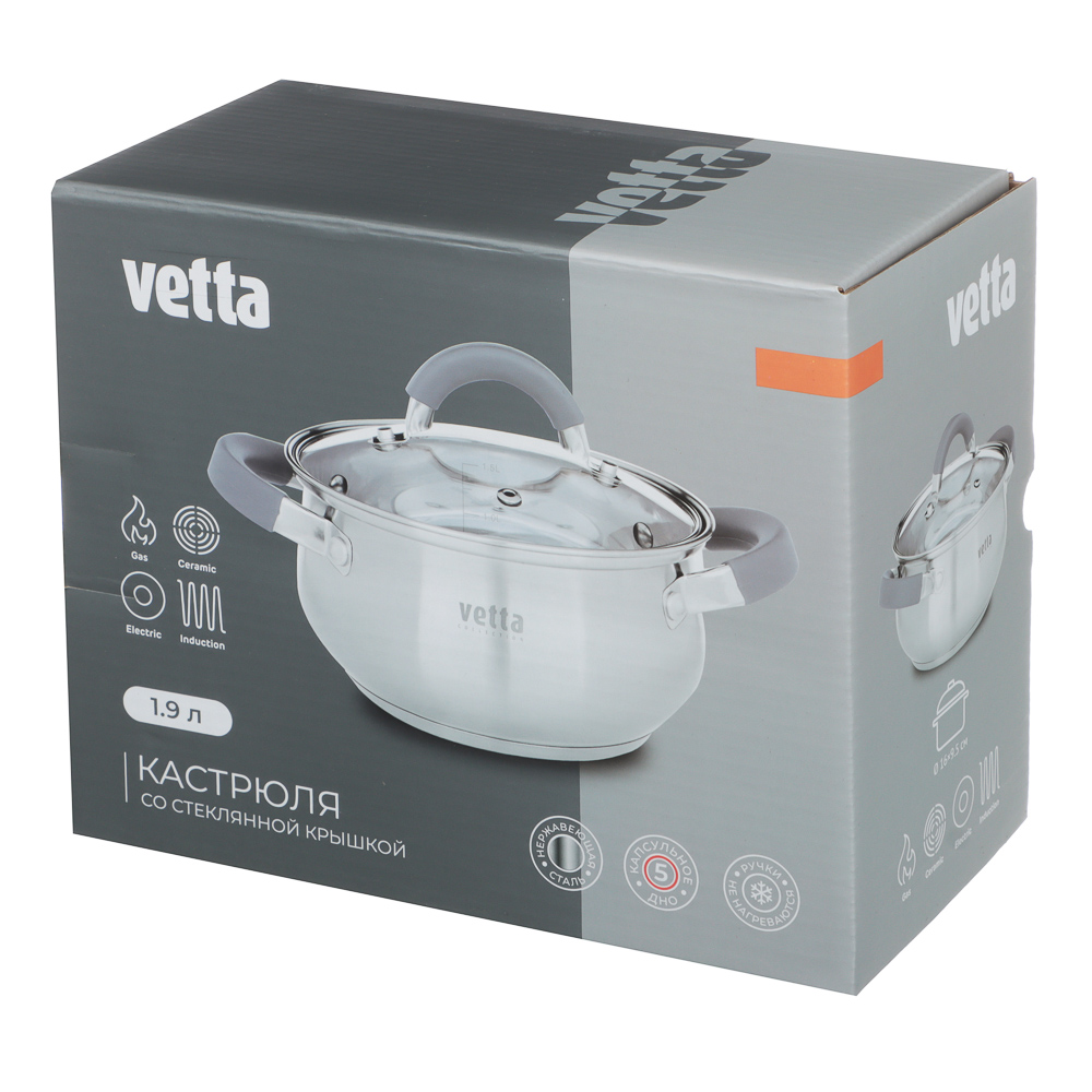 VETTA Вена Кастрюля 16х9,5см. 1,9л. со стекл. крышкой, индукция, арт.№ 822-043