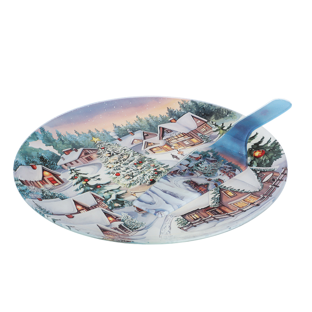 Зимний пейзаж Набор для торта 2 предмета, блюдо 30 см, лопатка 26х7 см, стекло, арт.№ 820-466