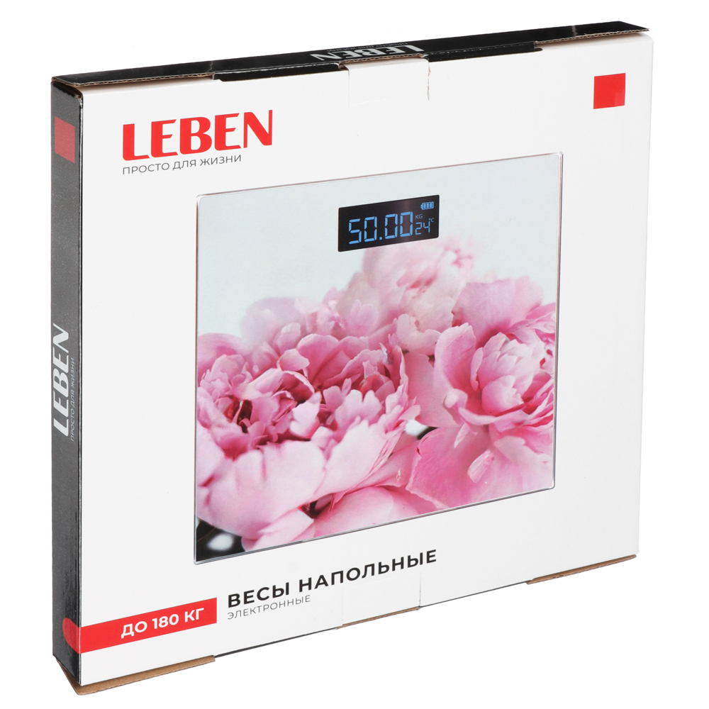 LEBEN Весы напольные электронные "Цветочная симфония", ЖК-дисплей, макс. нагр.до 180кг, 28х28х0,5см, арт.№ 252-091