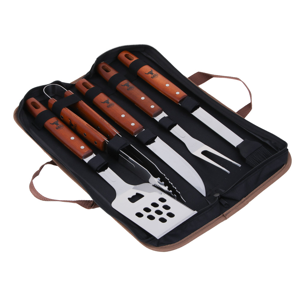 Набор для гриля 5 в 1 тм GRILLBOOM, деревянная ручка, нерж. сталь 2CR13, арт.№ 101-016