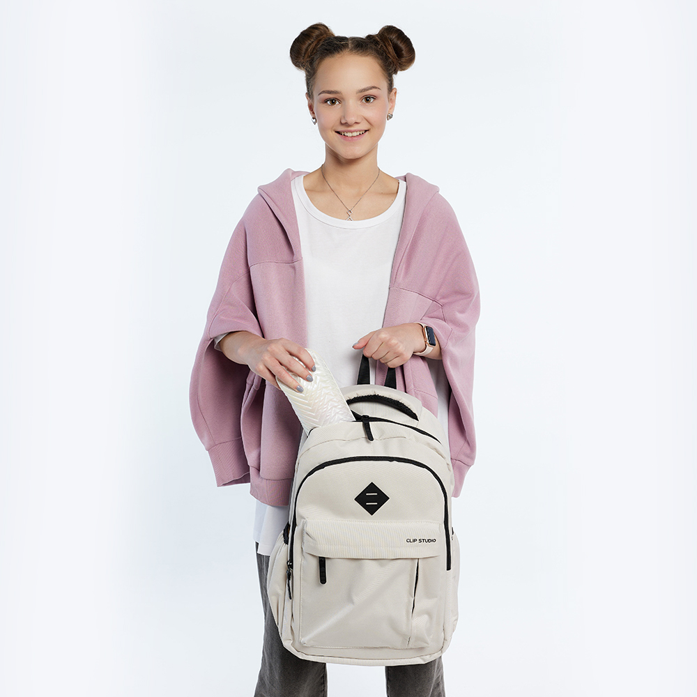 Рюкзак подростковый 44х28х17 см, 2 отделения, 4 кармана, ручка, нашивка, фактурный полиэстер, отделка искусственной кожей, бежевый, арт.№ 576-080