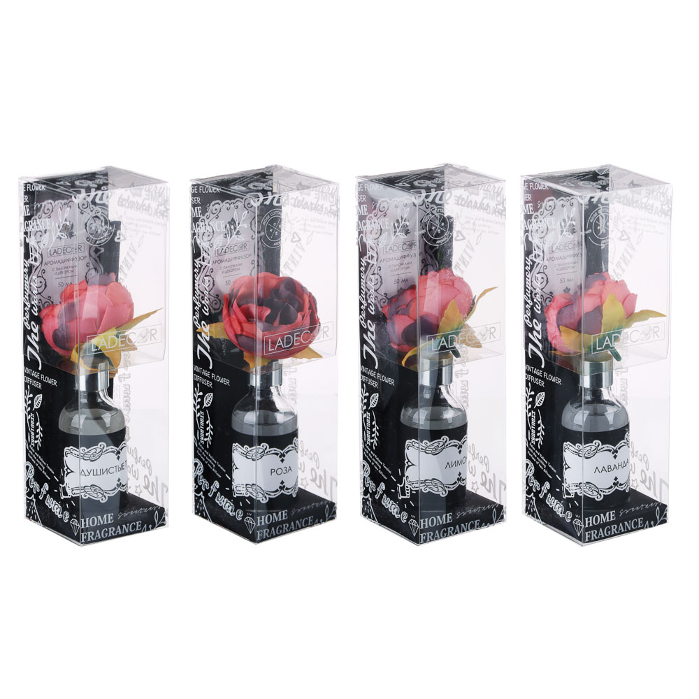 LADECOR Аромадиффузор с палочками и декором, 50 мл, 4 аромата, арт.№ 412-030