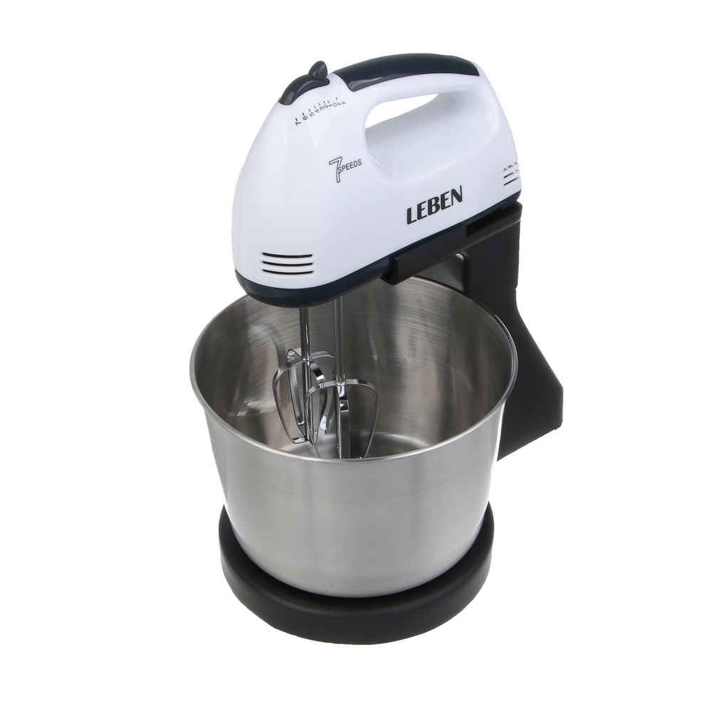 LEBEN Миксер кухонный 350Вт, 7 скоростей, 4 насадки, металлическая чаша 2л, арт.№ 269-068