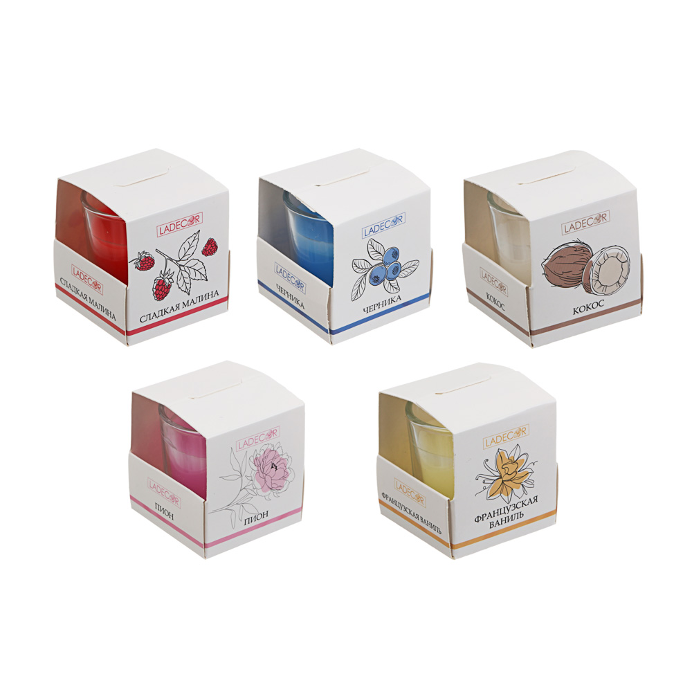 LADECOR Свеча ароматическая в стеклянном подсвечнике, в подарочной коробке, 4,5x4,5 см, 6 видов., арт.№ 508-876